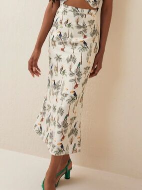 Hilary MacMillan Tropical Linen A-Line Skirt Toucan Palm Print NWT Large